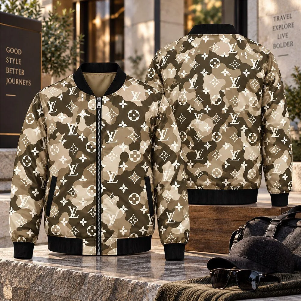 LV Brown Khaki Vintage Monogram Concept Fan Bomber Jacket | Apparel